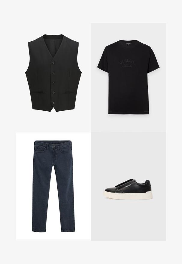 Čierna bezrukávová vesta s klopovým golierom, šiestimi gombíkmi a dvoma prednými vreckami. Hladká tkanina s prispôsobeným strihom.; Čierne bavlnené tričko s krátkymi rukávmi a okrúhlym výstrihom. Na prednej strane sa nachádza embosovaný nápis "ORIGINALS Studio" v tónovaných písmenách.; Tmavomodré denimové rifle so slim fit strihom, dizajnom s piatimi vreckami, zapínaním na gombíky a jemnou opotrebovanou textúrou po celej látke.; Čierne tenisky na gumenú podrážku so štruktúrovaným koženým vrchom, biela gumová podrážka a žiadne viditeľné šnúrky. Na boku sa nachádza logo značky.