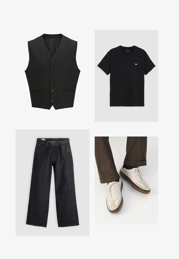 Černá bezrukávová vesta s klopovým límcem, šesti knoflíkovým zapínáním a dvěma předními kapsami. Hladká látka s upraveným střihem.; Černé bavlněné tričko s krátkým rukávem, kulatým výstřihem, malým bílým logem Levi's na hrudi, hladká textura, klasický střih.; Tmavé denimové kalhoty s širokými nohavicemi a páskem v pase, s předními kapsami a kontrastním prošíváním. Hladká textura s čistým designem.; Béžové tenisky s texturovanou semišovou špičkou, hladkými koženými boky a hnědou gumovou podrážkou. Na šněrování a lehkém prošití je detail.