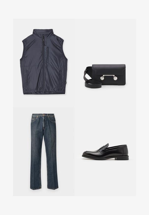 ASPESI JIL - Smanicato - navy; Maglione lavorato a maglia color crema con colletto polo, polsini e orlo a coste, dotato di patta frontale e texture morbida.; T-shirt blu navy a maniche corte con scritta bianca "neanche per sogno" centrata sul petto, colletto girocollo, taglia media.; Jeans in denim blu scuro a gamba dritta con bottone frontale, zip, doppie tasche anteriori e pieghe verticali visibili lungo le gambe.; Mocassini neri in pelle con una texture liscia, punta arrotondata e una striscia decorativa sulla tomaia. Tacco basso impilato, design minimalista.; Borsa a tracolla in pelle nera con chiusura a patta, hardware in tonalità argento e due accenti tondi. Dotata di una tracolla removibile. Texture liscia.