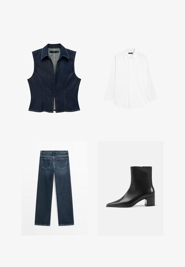 Donkerdenim mouwloze top met een kraaglijn. Bevat gestructureerde naden en een opening aan de voorkant. Lichte stiksels accentueren de randen.; Witte blouse met verticale lichtgrijze strepen, spreidkraag, lange mouwen en een ontspannen pasvorm. Gemaakt van lichte stof.; Donkerblauwe spijkerbroek met een rechte snit, voorzien van twee achterzakken en zichtbare stiksels langs de naden en randen.; Zwarte leren enkellaars met een spitse neus, een soepele textuur en een middenblokhak. Minimalistisch ontwerp, ritssluiting aan de achterkant.