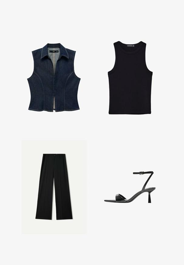 Ciemnoniebieski, bezrękawnik z kołnierzykiem. Posiada strukturalne szwy oraz zapięcie z przodu. Jasne przeszycia zdobią krawędzie.; Czarny top na ramionczkach wykonany z bawełny, z okrągłym dekoltem i szerokimi wycięciami na ramionach. Gładka tekstura z przeszytymi brzegami. Klasyczny, minimalistyczny design.; Bershka WIDE czarny; Bershka - Sandały na obcasie