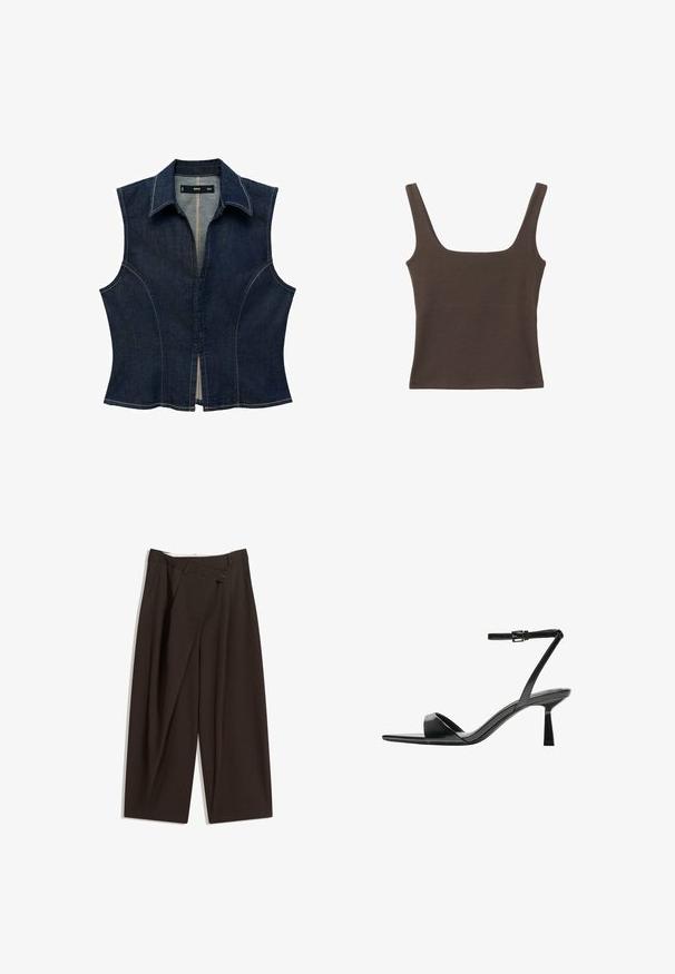 Tmavomodrý bezrukávový top s golierom. Obsahuje štruktúrované švy a predné zapínanie. Svetlé stehy zdobia okraje.; Hnedý bezrúškový top so štvorcovým výstrihom, vyrobený z mäkkého, elastického materiálu. Má priliehavý strih a ploché švy.; Tmavohnedé široké nohavice s vysokým pásom, s jedným gombíkom a záhybmi vpredu. Vyrobené z ľahkej textílie.; Bershka Sandále na vysokom opätku - black