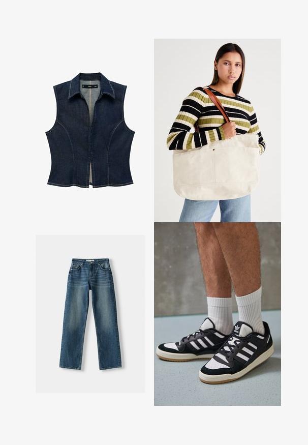 Tmavě modrý bezrukávový top s límečkovým výstřihem. Obsahuje strukturované švy a přední zapínání. Světlé stehy zdobí okraje.; Dvě trička s krátkým rukávem, jedno bílé a jedno černé, vyrobené z bavlny. Obě mají kulatý výstřih a jednoduchý, klasický design.; Modré džíny z denimu s rovnými nohavicemi, zapínáním na knoflík, pěti kapsami a vybledlými oblastmi. Materiál se zdá být odolný s texturovaným povrchem.; Černobílé tenisky s vrchní částí z semišové a kožené kůže, včetně tří bílých pruhů, perforovaného špičky a podrážky z gumy.; Velká béžová plátěná taška s hnědými koženými rukojeťmi, s minimalistickým designem a viditelnými švy.