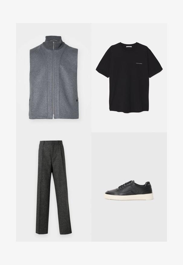 Sivý bezrukávový svetr vyrobený z textúrovaného materiálu podobného vlne, s vysokým golierom a predným zipsom, s vedľajšími gombíkmi ako akcentmi.; Črna bombažna majica s kratkimi rokavi in okroglim ovratnikom, z belim logotipom natisnjenim na levi prsni strani. Preprost, enobarven dizajn.; Sive krojene hlače iz teksturirane tkanine, ki imajo dva sprednja nabora in ravno kroj. Brez vidnih žepov ali okrasnih elementov.; Črne usnjene superge z teksturiranim zaključkom, okroglo konico in ravnim belim gumijastim podplatom. Imajo črne vezalke in označbo na peti.