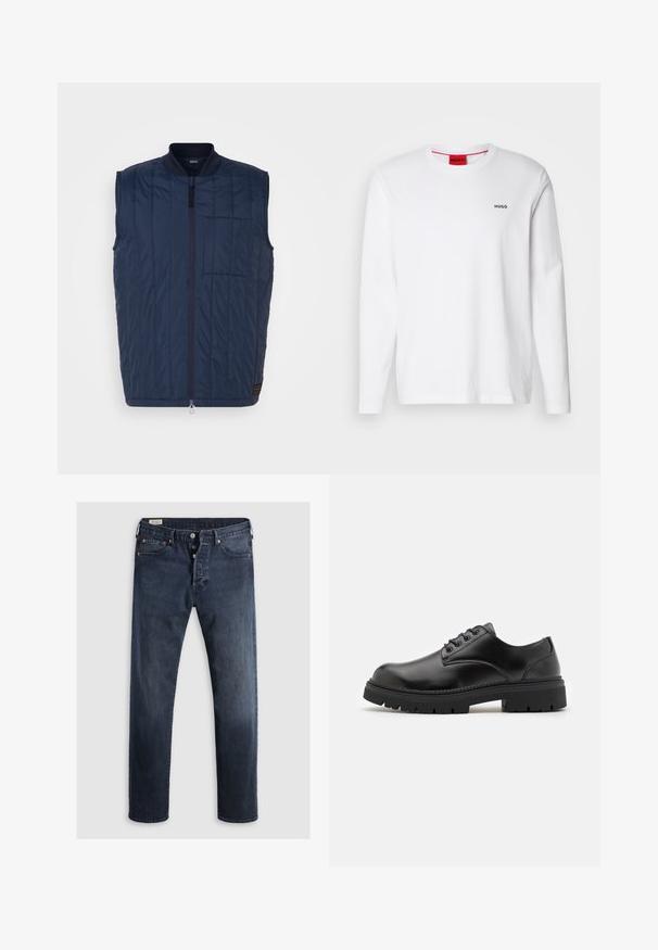 Navy blue vest made of quilted material, featuring a front zipper, ribbed collar, and a chest pocket. Smooth texture with vertical lines.; White long-sleeve shirt made of cotton, featuring a round neckline, black "HUGO" logo on the left chest, and a smooth texture.; Dark blue denim jeans with a straight-leg cut, featuring a zip fly, metal buttons, and copper rivet accents. Smooth texture, no visible patterns.; Black leather shoes with a rounded toe, lace-up design, and a thick, textured rubber sole. Features stitching along the edge and a smooth finish.