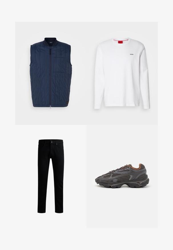Tumed sinine vest, mis on valmistatud tikitud materjalist, esipoolse lukuga, ribaga kraega ja rinna-taskuga. Sile tekstuur koos vertikaalsete joontega.; Valge pika varrukaga puuvillane särk, millel on ümmargune kaelus, must "HUGO" logo vasakul rinnal ja sile tekstuur.; Mustad denim teksad, otse lõikega, viie taskuga disain, esine nööbiga sulgemine ning õmbluste detailid vöökohtadele.; Tumed hallid Lacoste tossud, mis on valmistatud võrkkangast ja sünteetilisest materjalist, omavad tekstureeritud talla ning pruune aktsente kaeluse ja brändingu juures.