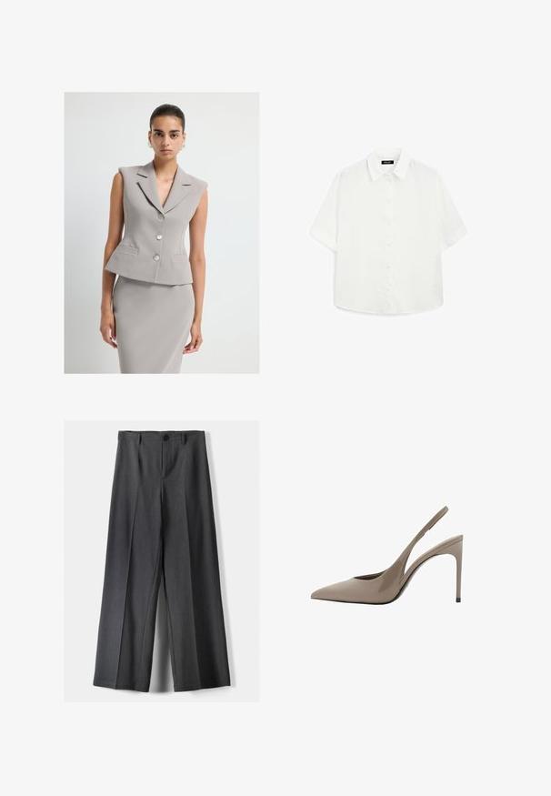 Grå ærmeløs blazer med klapkrave, dobbelte knaplukninger og to forlommer. Glat, struktureret stof med skræddersyet pasform.; Hvid kortærmet skjorte lavet af letvægtsstof, med klassisk krave, knaplukning og rundet kant med subtil tekstur.; Vidde-bukser i mørkegrå stof med knaplukning, frontfolder og bæltestropper. Glat tekstur med et skræddersyet design.; Beige patentlæder slingback højhælede sko med spidse tæer og et strømlinet design, som har en tynd høj hæl og et udsnit på siden.