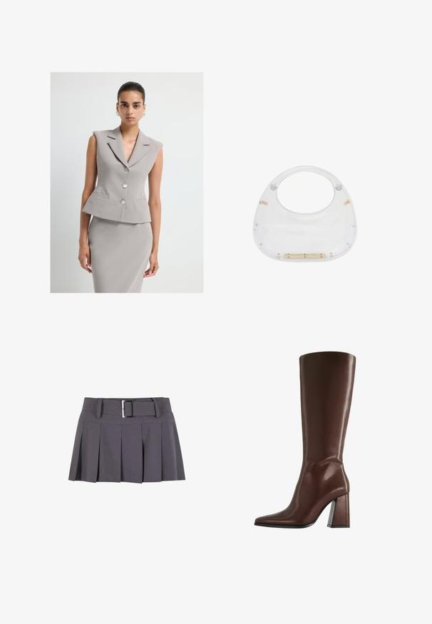 Blazer grigio senza maniche con colletto a punta, chiusura a doppio bottone e due tasche frontali. Tessuto liscio e strutturato con vestibilità sartoriale.; Top senza maniche di colore verde chiaro realizzato in tessuto morbido, con collo alto e silhouette aderente. Nessuna hardware o motivo visibile.; Mini gonna plissettata grigia con una texture morbida, dotata di una vita larga, passanti per la cintura e un dettaglio con fibbia rettangolare in argento.; Stivale marrone in pelle alto fino al ginocchio con punta a punta e tacco medio spesso, mostrato di profilo su sfondo bianco.; Borsa in acrilico trasparente con parte superiore arrotondata e manico aperto. Presenta dettagli in hardware dorato e una superficie liscia e lucida.