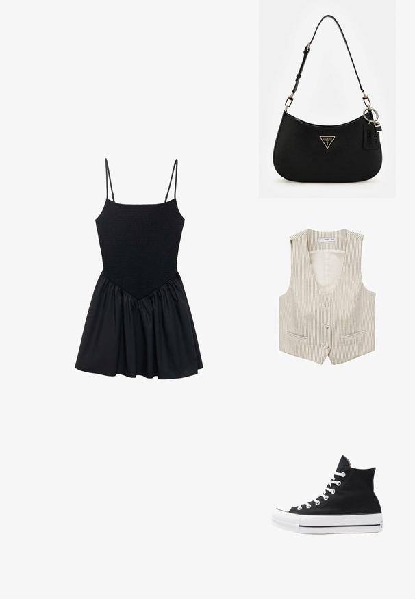 Bež prugasti prsluk s V-izrezom, dva prednja džepa i tri dugmeta za zatvaranje. Napravljen od lagane tkanine, s vertikalnim linijama.; Crna haljina s nabranim korzetom i podesivim trakama. Suknja je nabrana, stvarajući oblik u obliku zvona. Glatka tekstura kroz cijelu haljinu.; Visoke crne platnene tenisice s bijelim rupama, vezicama i gumenim potplatom. Imaju teksturirani vrh i crno-bijele pruge kao ukrase.; Crna sintetika torba za rame s zakrivljenim oblikom, teksturiranim završetkom, zlatnim trokutastim logotipom i odvojivim hardverskim naglascima.