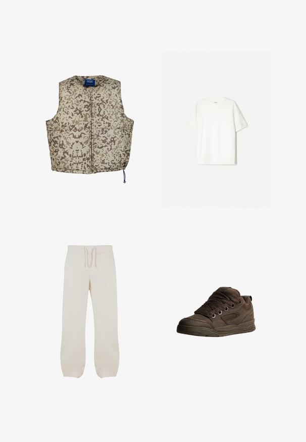 Vadderad väst i ett beige och brunt kamouflagemönster, med dragkedja fram, rundad halsringning och justerbar snörning i botten.; Vit kortärmad t-shirt i mjuk bomull. Rundhalsdesign med avslappnad passform och inga synliga logotyper eller mönster.; Ljusbeige linnebyxor med elastisk midja och dragsko. Rak benform med en mjuk textur och lätt avsmalning vid anklarna.; Bruna sportskor gjorda av slät syntetiskt material. Har tjocka snören, meshlinjer, vadderad krage och texturerad gummisula.