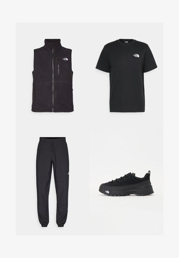 Μαύρο γιλέκο φλις με ψηλό λαιμό, μπροστινό φερμουάρ και δύο πλαϊνές τσέπες με φερμουάρ. Διαθέτει τσέπη στο στήθος με φερμουάρ και λογότυπο εμπρός.; Μαύρο βαμβακερό t-shirt με κοντά μανίκια, στρογγυλή λαιμόκοψη και μικρό λευκό λογότυπο στην αριστερή πλευρά του στήθους. Απλός σχεδιασμός, λείο υλικό και άνετη εφαρμογή.; Μαύρη αθλητική παντελόνι κατασκευασμένο από ελαφρύ ύφασμα, με ζώνη που ρυθμίζεται με κορδόνι, πλευρικές τσέπες και στενές μανσέτες στους αστραγάλους.; Μαύρο εξωτερικό αθλητικό παπούτσι με σουέτ άνω μέρος, υφασμένο καουτσούκ σόλα και ανθεκτικό σύστημα δέσης. Διαθέτει ενισχυμένη φτέρνα και λογότυπο της μάρκας στο πλάι.