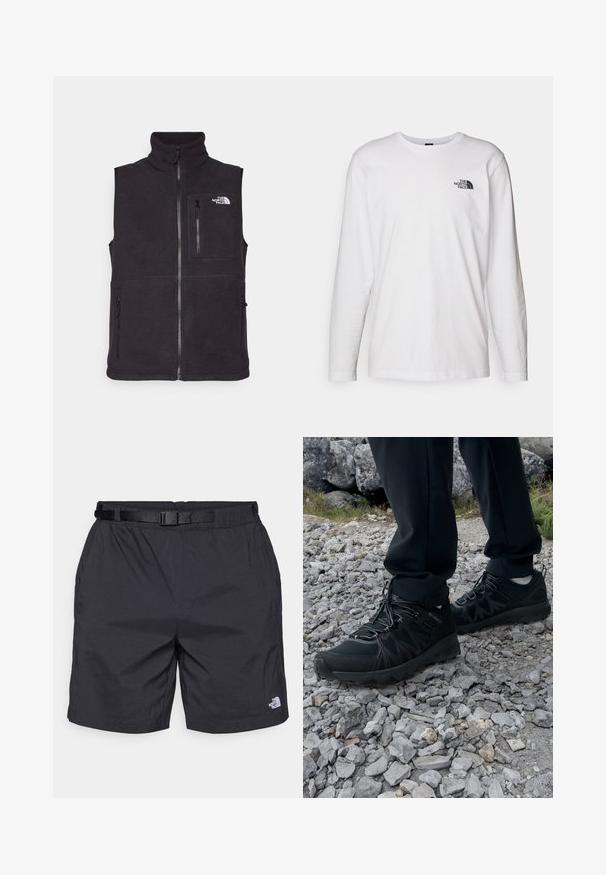 Černá fleecová vesta s vysokým límcem, předním zipem a dvěma bočními kapsami na zip. Obsahuje také zipovou kapsu na hrudi a logo na přední straně.; Bílý dlouhý rukáv tričko vyrobené z bavlny s kulatým výstřihem. Na hrudi se nachází malé černé logo. Hladká textura, běžný střih.; Černé lehké šortky s volným střihem, obsahující nastavitelný pás, boční kapsy a logo North Face na pravé dolní noze.; Černé venkovní boty z prodyšného a syntetického materiálu, s texturovaným svrškem, bezpečným šněrovacím systémem a robustní podrážkou, na skalnatém terénu.