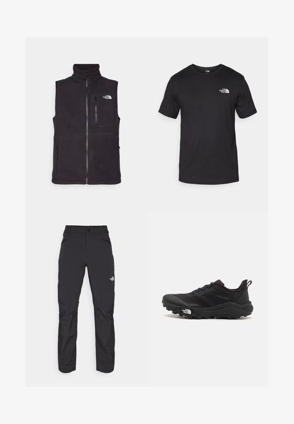 Črna flisova brezrokavnik z visokim ovratnikom, sprednjo zadrgo in dvema stranskima žepoma z zadrgo. Ima tudi žep na prsih z zadrgo in logotip na sprednji strani.; Črna kratko sleeved majica iz bombaža, s krožnim izrezom in majhnim belim logotipom na zgornjem levem delu prsnega koša.; Črne zunanje hlače z zadrgo na sprednjem žepu, sintetični material, ožje noge in ojačani paneli na kolenih. Imajo gumbasto zapiranje.; Črne tekaške čevlje za trail s teksturirano zgornjega dela, gumijastim podplatom in ojačanim zaključkom prstov. Vključuje oblazinjen ovratnik in zanko za enostavno obuvanje.
