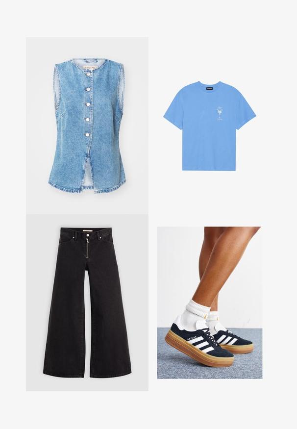 Lyseblå denimvest med ermeløst design, rund hals, fem knappelukking og sideåpninger i kanten. Myk tekstur og avslappet stil.; Lys blå bomull t-skjorte med rund hals. Har et hvitt grafisk motiv av et palmetre og tekst på venstre brystområde. Korte ermer.; Vide benbukser i sort denim med glidelås i front, fem-lomme design og subtile sømdetaljer. Glatt tekstur og avslappet stil.; Svarte sneakers i semsket skinn med hvite striper og detaljer, rund tå, yttersåle i gummigummi, kombinert med hvite ribbestrikkede crew-sokker.
