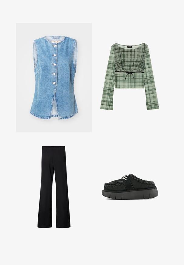 Světle modrá džínsová vesta bez rukávů, kulatý výstřih, pět tlačítek na zapínání a boční rozparky na spodním lemu. Měkká textura a ležérní styl.; Zelený kostkovaný crop top s dlouhými rukávy, který má nařasený výstřih a černou mašli na pase. Vyrobeno z lehkého materiálu.; Černé rozšířené kalhoty s elastickým pasem, vyrobené z měkké, elastické tkaniny, s hladkým povrchem a bez viditelných vzorů či kovových doplňků.; Černé semišové nazouvací boty s koženým lemem, pleteným švem a robustní černou podrážkou. Vybavené logo páskem na vrchní části.