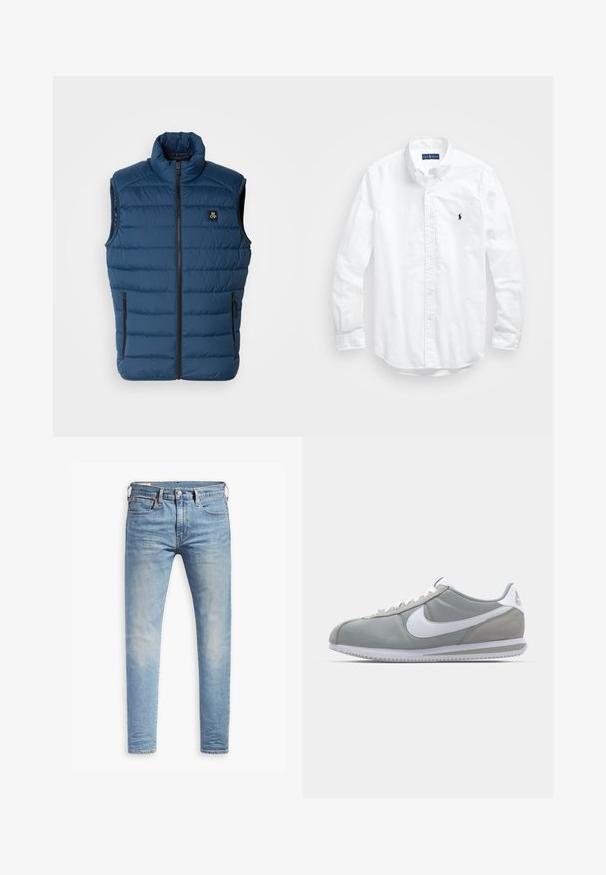 Tamno plavi podstavljeni prsluk s visokim ovratnikom, prednjim zip zatvaranjem i dva bočna džepa. Sadrži logo na grudima i teksturiranu površinu.; Bijela košulja dugih rukava s gumbima izrađena od pamuka. Ima klasični ovratnik, gumbaste manžete i mali brodasti logo u tamnoplavoj boji na prsima.; Svijetloplave uske traperice s laganim izblijedjenjem na bedrima, prednje kopčanje na dugme, petlje za remen i pet džepova na bijeloj pozadini.; Sive sportske tenisice s gornjim dijelom od antilopa i tekstila, bijelim Nike swooshom i bijelim vezicama. Imaju teksturirani gumeni đon i podstavljeni ovratnik.