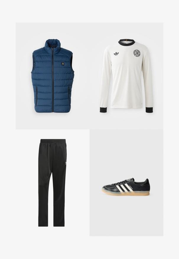 Tamno plavi podstavljeni prsluk s visokim ovratnikom, prednjim zip zatvaranjem i dva bočna džepa. Sadrži logo na grudima i teksturiranu površinu.; Bijela dugosvezna nogometna majica s rebrastom teksturom, crnim ovratnikom i manžetama, s crnim Adidas logotipom i kružnim grafičkim amblemom.; Crne atletske hlače od glatkog, laganog materijala. Imaju elastičnu traku u struku i bijele bočne pruge s logotipom na bedru.; Crni atletski tenisice s bijelim prugama, teksturiranom tkaninom, glatkim kožnim vrhom i gumiranim potplatom. Sadrži logotip na jeziku.