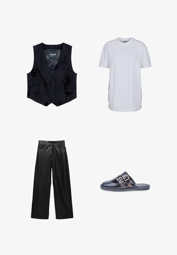 Zwarte, mouwloze vest met bloemenpatroon in een textuurstof. Voorzien van een V-hals, twee voorzakken en knoopsluiting. Merkenlabel zichtbaar aan de binnenkant.; Witte korte mouwen t-shirt gemaakt van katoen, met een ronde hals en een ontspannen pasvorm, zonder zichtbare patronen of graphics.; Zwarte neplederen broek met wijde pijpen, voorzakken, riemlussen, knoopsluiting en naaddetails onder de knieën.; Zwarte leren instapmuil met spitse neus en twee gouden gespbanden op de bovenkant, vlakke rubberen zool, gefotografeerd op een witte achtergrond.