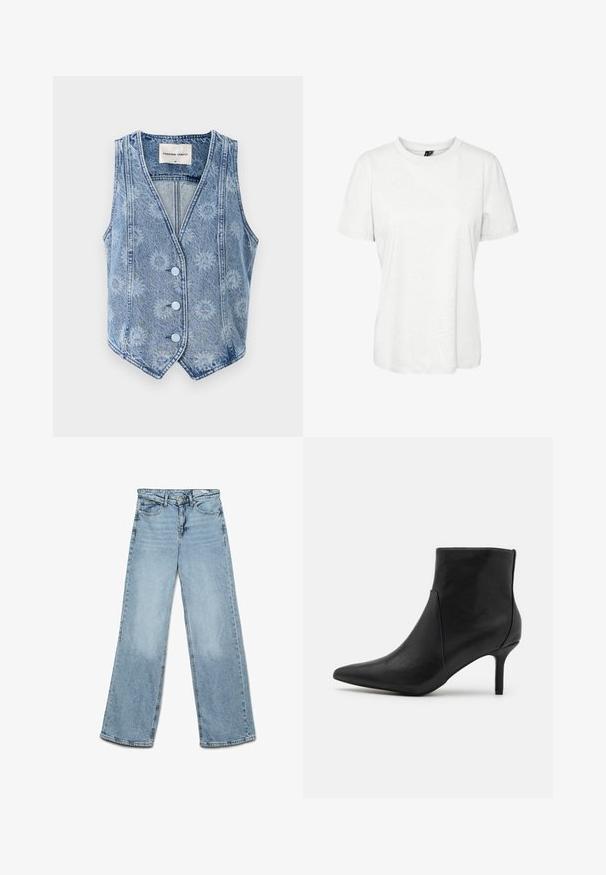 Svijetlo plavi traper prsluk s cvjetnim uzorkom, dizajn V-izreza i pet svijetloplavih dugmadi. Ima bezrukavni kroj i šiljati rub.; Bijela kratka majica s kratkim rukavima od pamuka, s okruglim izrezom i ležernim krojem. Glatka tekstura bez vidljivih uzoraka ili ukrasa.; Svijetloplave široke traperice, izrađene od denima, s klasičnim dizajnom s pet džepova i ravnim krojem s minimalnim izbljeđivanjem na nogama.; Anna Field Gležnjače - black