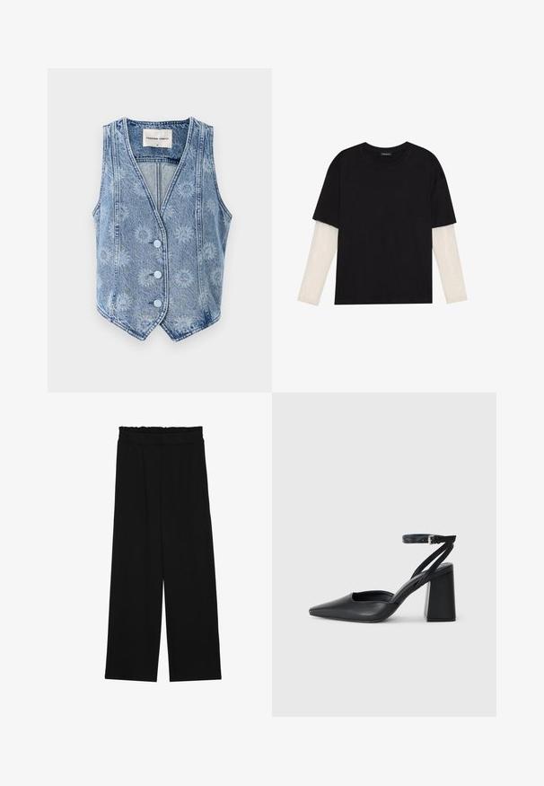 Svijetlo plavi traper prsluk s cvjetnim uzorkom, dizajn V-izreza i pet svijetloplavih dugmadi. Ima bezrukavni kroj i šiljati rub.; Crni majica od pamuka, s kratkim rukavima preko bijele dugorukave slojevite s suptilnim teksturiranim uzorkom. Dizajn s okruglim izrezom.; Crne široke hlače s naboranim pojasom, koje imaju dva bočna džepa i glatku, laganu tkaninu. Nema vidljivih uzoraka ili metalnih dijelova.; Crne kožne cipele s špicastim vrhom, remenom oko gležnja i debelim potplatom. Ravna tekstura, elegantan dizajn i minimalistička estetika.