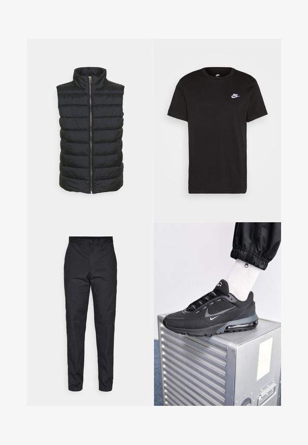 Zwarte gewatteerde vest met een hoge kraag, voorzien van een centrale rits en een horizontaal gestikt patroon. Het materiaal lijkt glad en lichtgewicht.; Zwart katoen T-shirt met korte mouwen, ronde hals en een klein wit Nike-logo op de bovenste linkerborst. Gladde textuur. Klassieke pasvorm.; Zwarte broek van een gladde stof, met een rechte pasvorm, knoopsluiting en standaard zakken. Geen zichtbare patronen of accenten.; Nike Sportswear PULSE - Sneakers laag - black/anthracite
