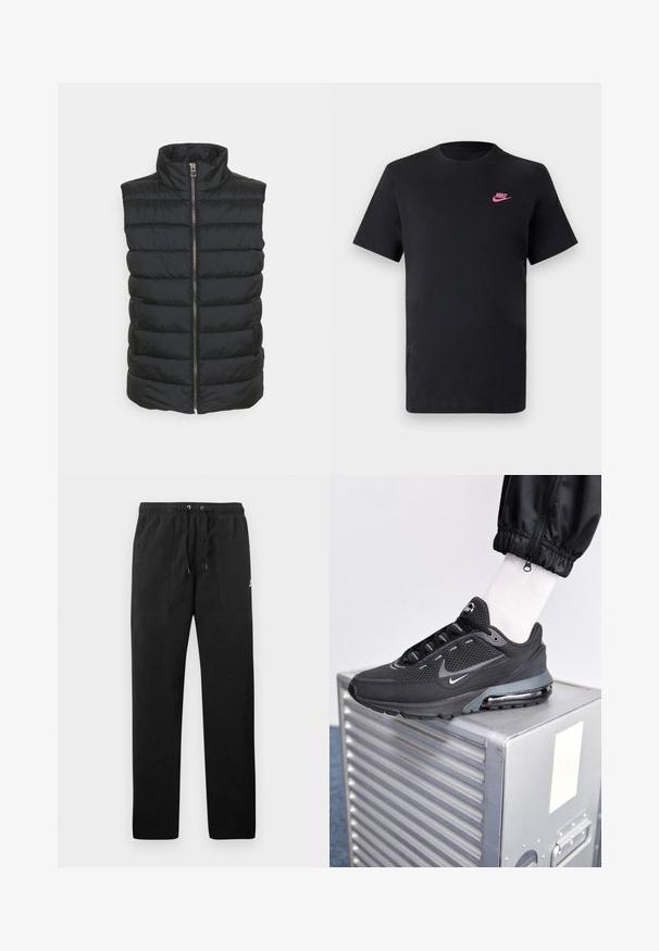 Gilet rembourré noir avec un col montant, doté d'une fermeture éclair centrale et d'un motif matelassé horizontal. Le matériau semble lisse et léger.; T-shirt en coton noir avec un col rond et des manches courtes. Présente un logo Nike rose sur le côté supérieur gauche. Texture douce.; Pantalons de survêtement noirs en polaire, dotés d'une taille élastique avec cordons de serrage, de deux poches avant et d'un petit logo sur la cuisse.; Nike Sportswear PULSE - Baskets basses - black/anthracite