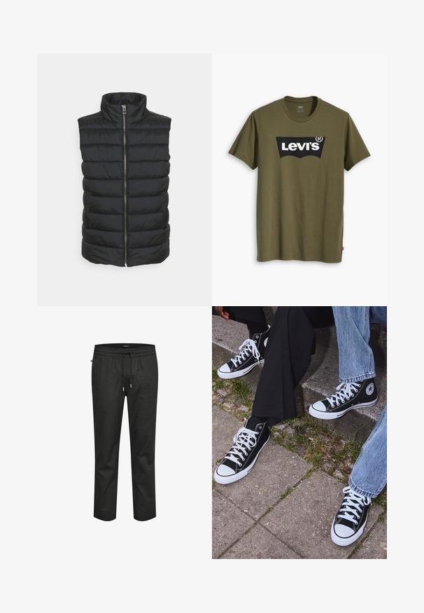 Must must vest kõrge kraega, keskne lukustus ja horisontaalne tikkimis muster. Materjal näeb välja sile ja kerge.; Õliva rohelise puuvillase T-särgiga, millel on suur must Levi'si logo kollase poolkaarekujulisena üle rinna. Regulaarne lõige.; Mustad mustrid püksid elastse vöökoha, paelaga sulgemise ja lõdva istumisega. Omavad siledat tekstuuri ja kitsenevaid jalgu.; Mustad musta värvi kõrged kanvasist tossud valgete kummitaldade ja nööridega, külgedel ringikujuline logo ning kombineeritud denimist ja mustade pükstega.