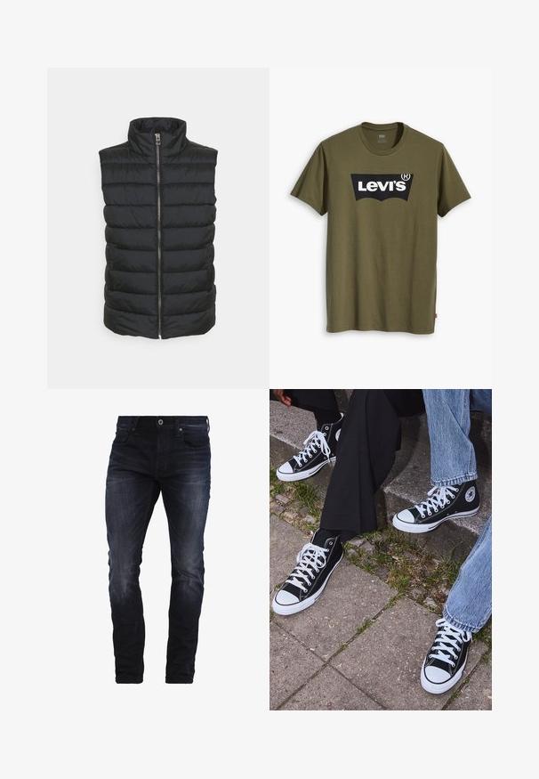 Gilet imbottito nero con colletto alto, dotato di una zip centrale e motivo trapuntato orizzontale. Il materiale appare liscio e leggero.; T-shirt di cotone verde oliva con un grande logo Levi's nero in una forma semi-arcuata a contrasto sul petto. Vestibilità regolare.; Jeans slim-fit blu scuro con leggera scoloritura su cosce e ginocchia, dotati di tasche frontali, passanti per la cintura e chiusura a bottone.; Sneakers alti neri in tela con suole e lacci bianchi, dotati di un logo circolare di lato e abbinati a pantaloni in denim e neri.