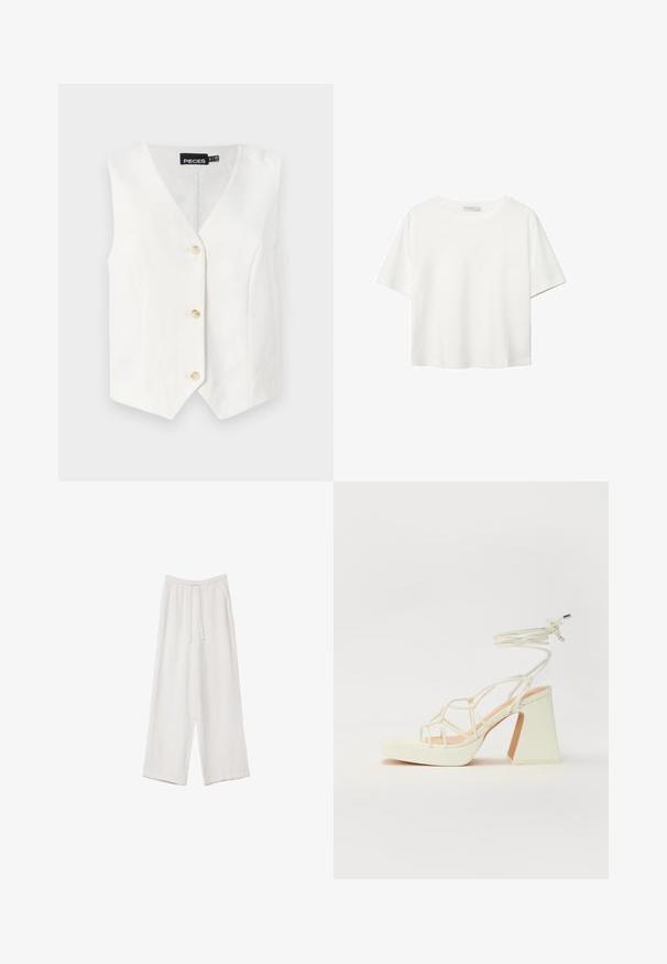 Bijela bezrukavna majica s V-izrezom, pet gumba sprijeda, krojena izrada i teksturirana tkanina. Oznaka branda vidljiva unutar izreza.; Bijela majica kratkih rukava od pamuka. Ima okrugli izrez i opušteni kroj. Glatka tekstura bez vidljivih uzoraka ili naglasaka.; Bijele hlače širokih nogavica napravljene od lagane tkanine. Imaju elastičan pojas s ušicom i bočne džepove. Glatka tekstura.; Bijela sandala na visokoj potpetici s debelim petom, s remenom i vezanjem oko gležnja. Glatka tekstura s platformom sprijeda za dodatnu visinu.