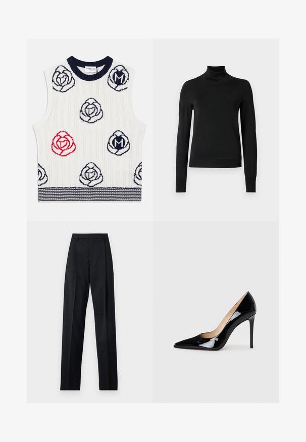 Colete de malha sem mangas branco com padrões de flores em azul-marinho e vermelho, colarinho canelado azul-marinho e bainha listrada em azul-marinho, etiqueta Marella Sport dentro do colarinho.; Sweater preto de manga longa com gola alta, com punhos e bainha canelados, exposto em um fundo branco liso.; Calças pretas feitas de um tecido suave, com uma cintura alta, pernas largas, pregas frontais e passadores de cinto clássicos. Não há bolsos laterais visíveis.; Sabrinas de salto alto em couro envernizado preto com um design de bico fino e uma silhueta elegante. Apresenta um acabamento suave e brilhante, além de um salto fino e esguio.
