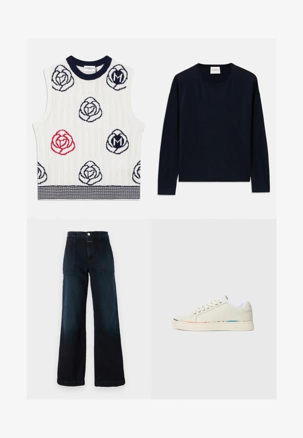 Hvit ermeløs strikket vest med marineblå og røde blomstermønstre, marineblå ribbekrage og marineblå stripet kant, Marella Sport-merkelapp inni kragen.; Mørkeblå langermet crewneck genser i myk, glatt stoff med en avslappet passform. Har ribbede mansjetter og kant, samt etikett i nakken.; Mørkeblå brede jeans laget av denim, med høy midje, frontlommer og knappelukking foran. Jevnt teksturert med en liten falming.; Off-white lav top sneaker med snøring, hvit innvendig fôr og subtilt flerfarget trim langs sålekanten, sidevisning.