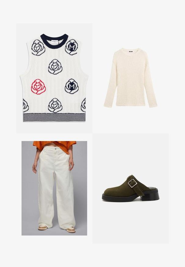 Biała bezrękawnikowa kamizelka dzianinowa z granatowymi i czerwonymi wzorami kwiatowymi, granatowy prążkowany kołnierz i granatowy paskowany dół, metka Marella Sport wewnątrz kołnierza.; Sweter dziewiarski w kolorze kremowym, z okrągłym dekoltem, długimi rękawami, luźnym krojem oraz frędzlami przy dolnym wykończeniu i mankietach.; Szerokie białe spodnie dżinsowe z bocznymi kieszeniami i prostym krojem, z zapięciem na guziki oraz kontrastowymi detalami przeszycia.; Khaki zamszowe mule z niskim, grubym czarnym obcasem. Posiada boczny pasek z metalową klamrą w kolorze srebrnym do regulacji. Gładka tekstura na całej powierzchni.