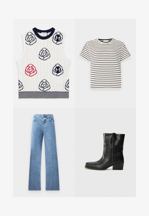 White sleeveless knit vest with navy and red flower patterns, navy ribbed collar, and navy striped hem, Marella Sport label inside collar.; Cotton short-sleeve T-shirt with a crew neckline, featuring black vertical stripes on a white background and a straight cut design.; Light blue denim jeans with a wide-leg design, five pockets, belt loops, and a button closure. The fabric has a smooth texture.; Black leather ankle boot with a rounded toe, block heel, side zipper, and stitching accents on the vamp. Smooth texture, classic design.
