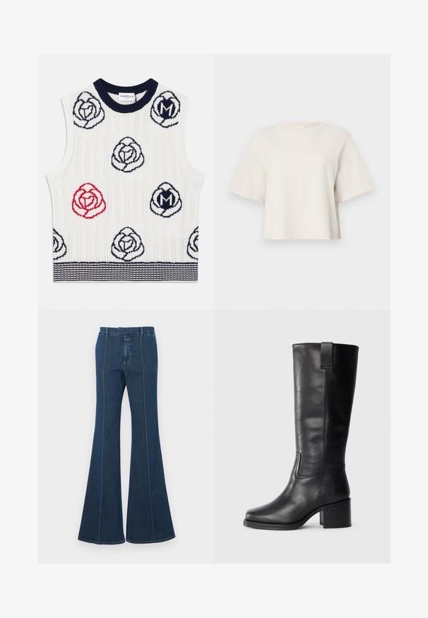 Bijeli bezrukavni pleteni prsluk s mornarsko plavim i crvenim uzorcima cvijeća, mornarsko plava rebrasta ovratnik i mornarsko plavi prugasti rub, Marella Sport oznaka unutar ovratnika.; Majica boje kreme skraćena je i napravljena od rebrastog materijala, s okruglim izrezom i kratkim rukavima te opuštenim krojem.; Tamne traperice u tamnoplavoj boji, s oblikovanim šavovima i urednim završetkom. Imaju pojas srednjeg struka i široke, lepršave nogavice.; Crne kožne čizme do koljena s glatkom teksturom, kvadratnim vrhom, blok petom i bočnim ručkom, s minimalnim detaljima šivanja.