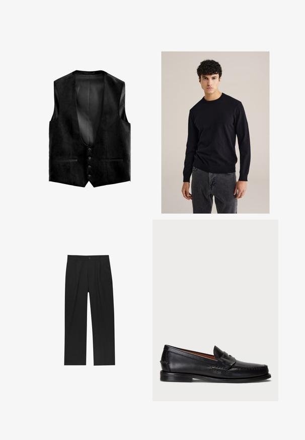Black suede vest with a deep V-neck, five buttons, and two front pockets. Interior features a textured lining for added detail.; Black cotton crewneck sweater with long sleeves, ribbed cuffs, and hem; paired with gray jeans. Simple, fitted design without patterns.; Young man with curly light brown hair wearing black short-sleeve t-shirt and gray pants, looking to his left with hands in pockets.; Black pants with a straight-leg design, made from a smooth fabric. Features front pleats and a single button closure at the waist.; Black leather loafer with a rounded toe, stitched detailing, and a decorative strap across the front. Flat sole with minimal profile.