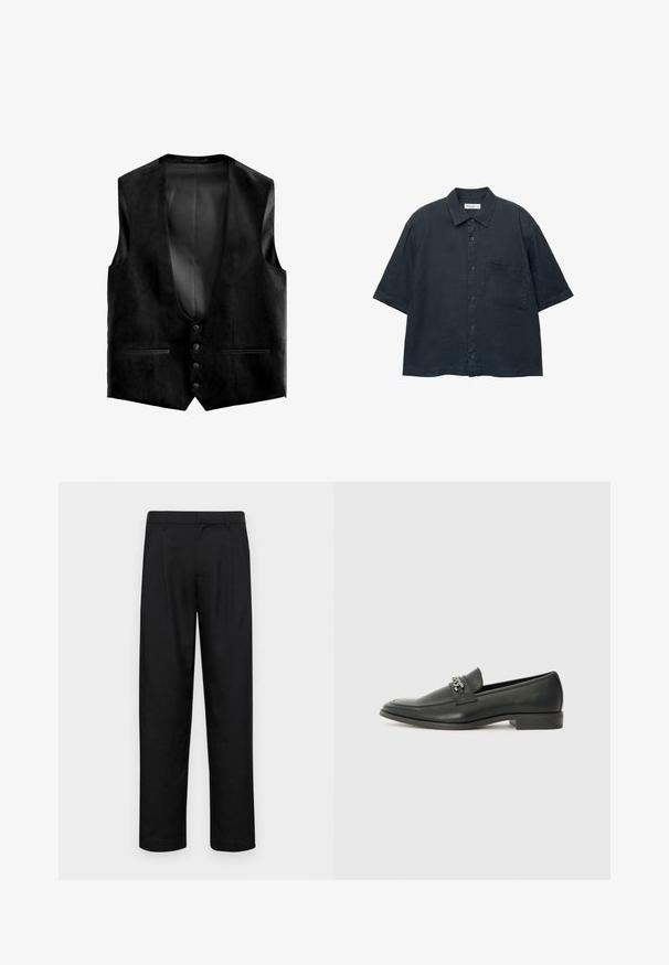 Schwarze Wildlederweste mit tiefem V-Ausschnitt, fünf Knöpfen und zwei vorderen Taschen. Das Innenfutter weist eine strukturierte Verarbeitung auf, die für zusätzliche Details sorgt.; Dunkelblauses Kurzarm-Hemd mit Knopfleiste, aus leichtem Stoff gefertigt, mit einer Brusttasche und einem klassischen Kragen-Design.; Schwarze Hose aus glattem Stoff, mit geradem Bein Design, zwei vorderen Falten und einem Standardbund mit Gürtelschlaufen.; Schwarzer Lederloafer mit glatter Oberfläche, ausgestattet mit einer gesteppten Gestaltung und einem dekorativen Metallkettendetail über dem Vorderblatt. Flacher Absatz.
