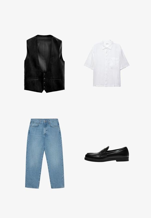 Zwarte suède vest met een diepe V-hals, vijf knopen en twee voorkruiken. De binnenkant heeft een gestructureerde voering voor extra detail.; Witte korte mouwen shirt met een knoopsluiting aan de voorkant, kraag en een enkele borstzak. Gemaakt van lichte stof met een gladde textuur.; Lichtblauwe denim wijde jeans met een hoge taille, voorzien van vijf zakken, riemlusjes en een zachte, licht vervaagde textuur.; Zwarte leren loafers met een gladde afwerking, voorzien van stiksel op de voorkant en een lage, stevige zwarte rubberen zool.