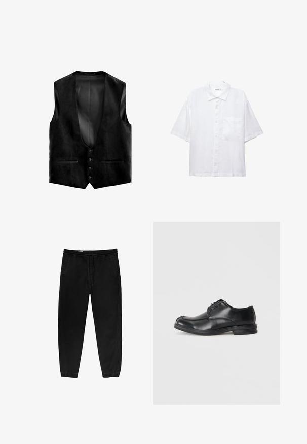 Svart mockaväst med djup V-ringning, fem knappar och två framfickor. Inuti har den en texturerad foder för extra detalj.; Vit kortärmad skjorta med knappslå framtill, krage och en bröstficka. Tillverkad av lätt tyg med en slät textur.; Svarta byxor med elastisk midja och dragsko, avsmalnande ben, sidofickor och subtila sidsömsdetaljer. Mjuk bomullstyg.; Svarta läder snörskor med rund tå, slät yta och låg klack. Har sömnadsdetaljer längs ovandelen och sidorna.
