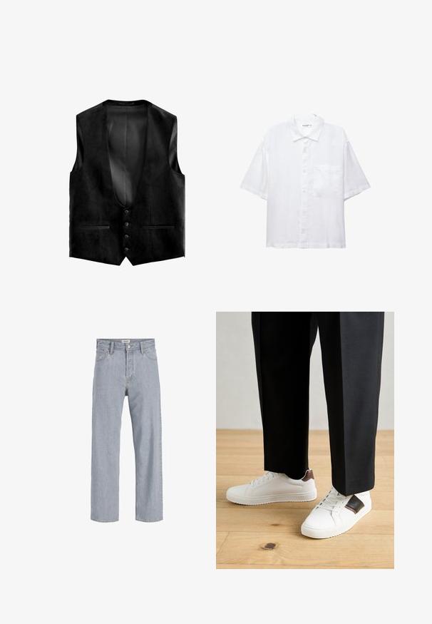 Czarna zamszowa kamizelka z głębokim dekoltem w kształcie litery V, pięcioma guzikami i dwiema przednimi kieszeniami. Wnętrze wykończone teksturowaną podszewką dla dodatkowego detalu.; Biała koszula z krótkim rękawem, z zapięciem na guziki z przodu, kołnierzykiem i jedną kieszenią na piersi. Wykonana z lekkiego materiału o gładkiej fakturze.; Jasnoniebieskie dżinsy o luźnym kroju, prostych nogawkach, widocznym szwie, dwóch przednich kieszeniach i zapięciu na guzik.; Białe trampki o gładkiej fakturze, z brązowymi skórzanymi akcentami i czarnymi detalami, zestawione z czarnymi eleganckimi spodniami. Tło stanowi drewniana podłoga.