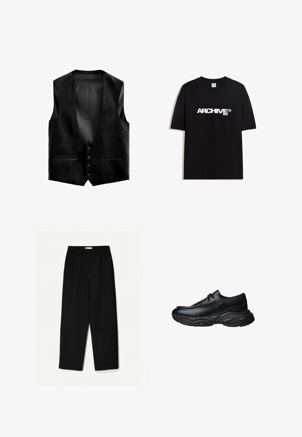 Black suede vest with a deep V-neck, five buttons, and two front pockets. Interior features a textured lining for added detail.; Black cotton T-shirt featuring a white "ARCHIVE inc." logo across the chest, short sleeves, and a crew neckline.; Black, wide-leg pants made from a lightweight fabric. Features an elastic waistband and a smooth texture. No visible patterns or hardware.; Black leather slip-on shoes with a rounded toe and thick textured rubber sole. Features subtle stitching and elastic accents at the collar.