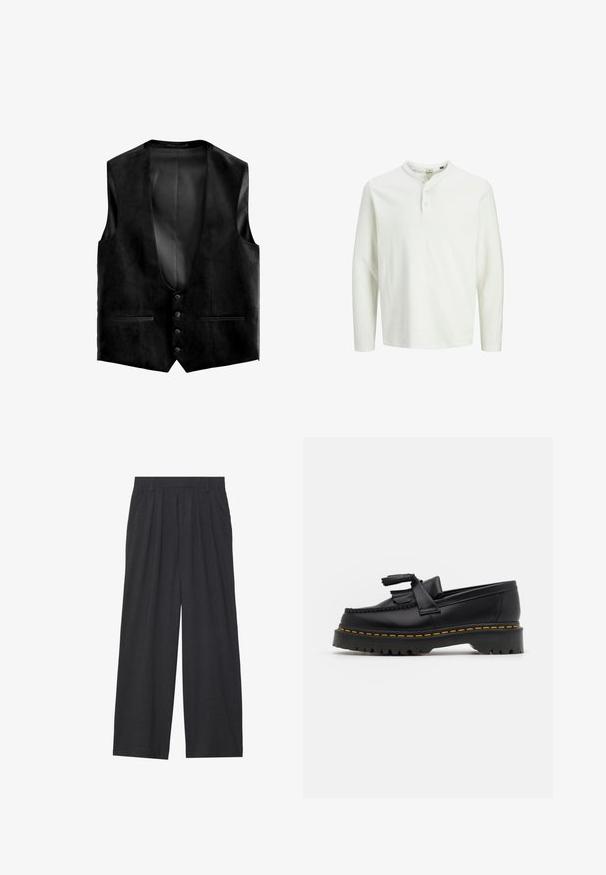 Zwarte suède vest met een diepe V-hals, vijf knopen en twee voorkruiken. De binnenkant heeft een gestructureerde voering voor extra detail.; Witte lange mouwen henley shirt met drie knopen en een ronde halslijn, weergegeven op een effen witte achtergrond.; Wijd-uitlopende broeken van donkergrijze stof. Kenmerken zijn plooien bij de taille, een tailor-made ontwerp en een rechte silhouet.; Zwarte leren loafers met een franjesaccent, voorzien van een dikke zwarte zool en gele stiksels langs de rand. Gevoelige afwerking.