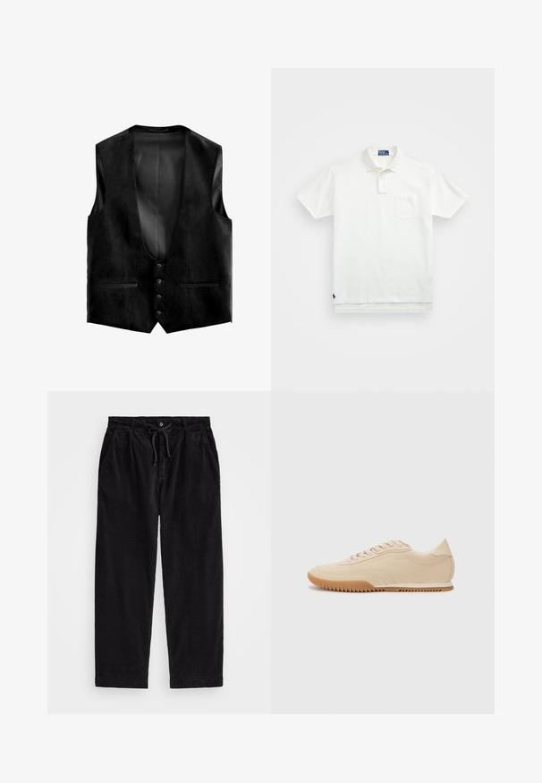 Crni suknja prsluk s dubokim V-izrezom, pet gumba i dva prednja džepa. Unutrašnjost sadrži teksturiranu podlogu za dodatne detalje.; Bijela polo majica napravljena od pamuka, s klasičnom ovratnikom, trodijelnim zakopčavanjem i džepom na lijevoj strani prsiju; mali logo na rubu.; Crne kordura hlače s opuštenim krojem, koje sadrže elastičnu gumicu s vezicom i bočne džepove. Tkanina pokazuje rebrastu teksturu.; Bež suede tenisice s aerodinamičnim dizajnom, s teksturiranim gornjim dijelom, zaobljenim vrhom i gumene potplate s cik-cak uzorkom.