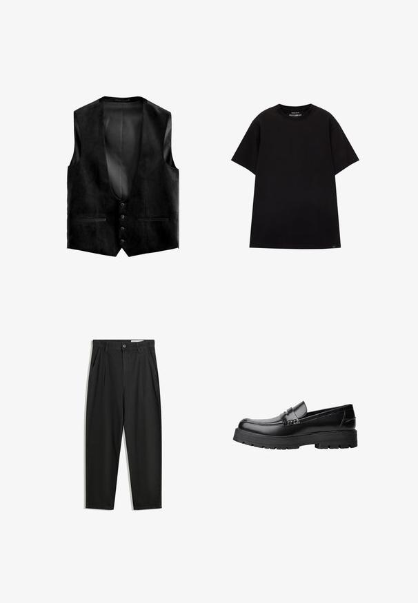 Gilet in suede nero con scollatura a V profonda, cinque bottoni e due tasche frontali. L'interno presenta una fodera strutturata per un tocco di dettaglio in più.; PULL&BEAR JOIN LIFE - T-shirt basic - black; Pantaloni in cotone neri con una vestibilità rilassata, dotati di una vita classica, pieghe frontali e tasche laterali. Tessuto liscio senza fantasie.; Mocassino in pelle nera con suola spessa e tassellata e fascia decorativa sulla parte superiore, mostrato in profilo sinistro su sfondo bianco.