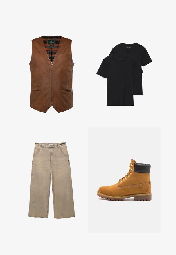 Hnědá kožená vesta s v-výstřihem, která má přední zip, dvě boční kapsy a kostkovanou podšívku. Hladká textura s akcentovaným prošíváním.; Dvě černé bavlněné tričko s krátkým rukávem, kulatým výstřihem a hladkou texturou, vystavené naskládané k sobě.; PULL&BEAR MEGA BAGGY - Baggy džíny - light grey; Hnědé semišové kotníkové boty s černým polstrovaným límcem, zlatými kovovými očky, bílým prošíváním a odolnou gumovou podrážkou s výraznými drážkami.