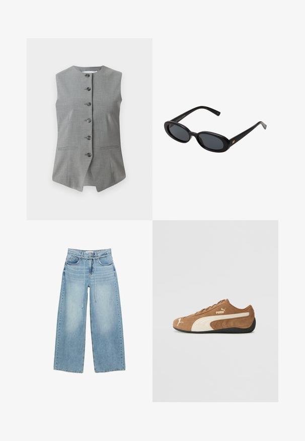 Gilet grigio senza maniche con scollatura rotonda, chiusura frontale a bottone e due tasche laterali. Realizzato in un tessuto testurizzato con una vestibilità su misura.; Maglione grigio a V con maniche lunghe, realizzato in materiale morbido. Presenta un orlo e polsini a coste, texture uniforme senza motivi.; T-shirt bianca a maniche corte e scollo rotondo con vestibilità slim, esposta piatta su uno sfondo bianco.; Jeans a gamba larga blu chiaro con vita alta, due tasche anteriori, chiusura con zip e cravatta in tessuto in vita. Texture denim classica.; Sneaker bassa in suede marrone con accenti crema, superficie texture, suola in gomma nera e logo ricamato sul lato e sulla linguetta.; Occhiali da sole neri oversize con lenti ovali, montatura in plastica liscia e accenti dorati sulle tempie. Le lenti scure offrono protezione dal sole.; Set di borse intrecciate di colore crema, composto da una borsa più grande con una maniglia rotonda e una pochette più piccola con tracolla, entrambe con una texture uniforme.