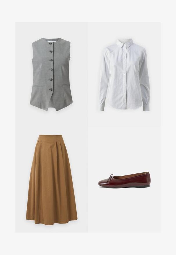 Pelēks bezpiedurkņu žakets ar apaļu kakla izgriezumu, priekšējo pogu aizdari un divām sānu kabatām. Izgatavots no tekstūras auduma ar pielāgotu piegulšanu.; Balta pogājamā krekla augšdaļa, izgatavota no gluda kokvilnas, ar klasisku apkakli, garām piedurknēm un izliekto apakšmalu. Pogas ir mazas un baltas.; Brūna kokvilnas A formas svārki ar augstu jostasvietu, kurai priekšā ir krokas un gluda tekstūra. Apakšmala ir tīra un vienkārša.; Burgundijas laku ādas baleta kurpes ar noapaļotu purngalu, nelielu loku akcentu priekšā un zemu melnu gumijas zoli. Gluda tekstūra.