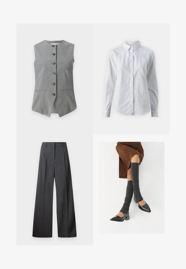 Šedá bezrukávová vesta s okrúhlym výstrihom, predným zapínaním na gombíky a dvoma bočnými vreckami. Vyrobená z textúrovaného materiálu s prispôsobeným strihom.; Biela košeľa s gombíkmi vyrobená z hladkej bavlny, s klasickým golierom, dlhými rukávmi a zakriveným lemom. Gombíky sú malé a biele.; Nohavice s širokými nohavicami z tmavošedej látky, s vysokým pásom, jedinými záhybmi a hladkou textúrou s čistým zakončením na lemoch.; Čierne lakované kožené topánky s špicatou špičkou, blokovým podpätkom a členkovým remienkom, ktoré sú kombinované so šedými rebrovanými legínami a hnedou zamšovou sukňou.