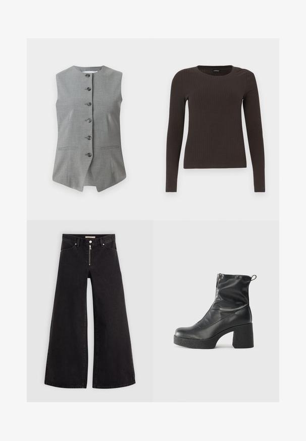 Grå ærmeløs vest med rund udskæring, frontal knaplukning og to sidelommer. Fremstillet af et struktureret stof med en skræddersyet pasform.; Brun langærmet ribbet top med rund halsudskæring. Fremstillet af et glat, strækbart materiale, med en tætsiddende silhuet og minimalistiske detaljer.; Vide ben jeans i sort denim med lynlås foran, fem lomme-design og subtile stikninger. Glat tekstur og afslappet stil.; Sorte ankelstøvler lavet af glat læder, med en sidelukning, kraftig struktureret hæl og rundt tådesign.