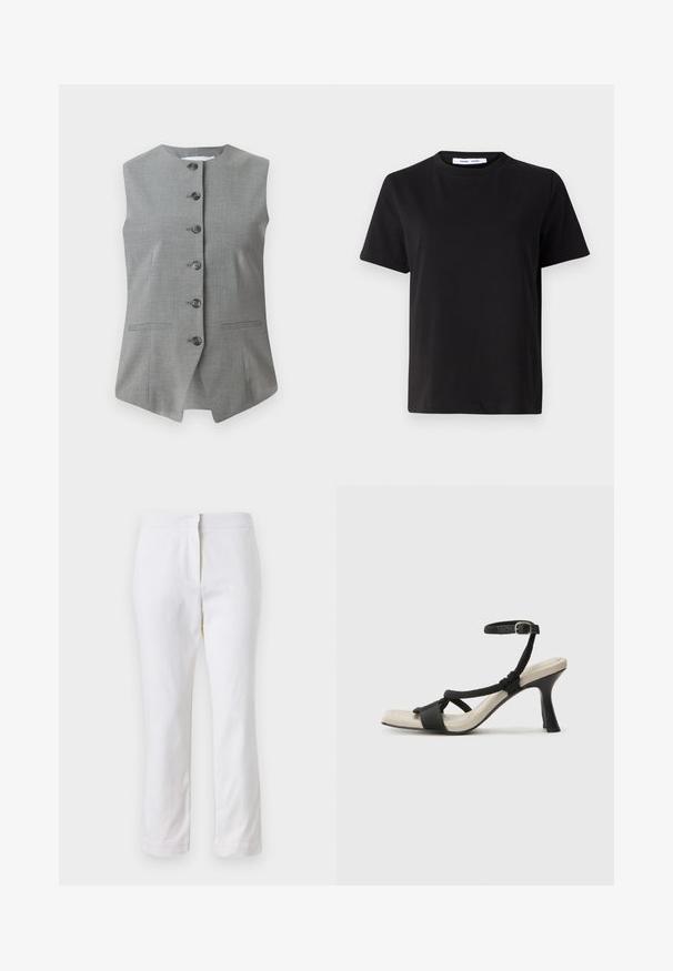 Szürke ujjatlan mellény kerek nyakkivágással, elöl gombos záródással és két oldalsó zsebbel. Texturált anyagból készült, testhezálló szabással.; Fekete, rövid ujjú póló, puha pamutból készült, kerek nyakkivágással, laza szabással és sima textúrával. Nincs látható minta vagy grafikák.; Fehér pamut nadrág egyenes lábformával, közepes derékkal, látható fémrészek vagy minták nélkül. Sima textúra az egész anyagon.; Fekete sarkú szandál fonott pánttal, négyzet alakú orral és állítható bokapánttal. Világos bézs talpbetét fényes fekete sarkával.