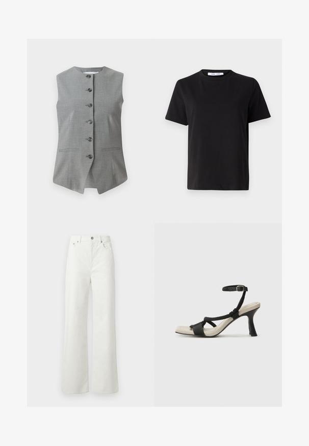 Chaleco sin mangas gris con un escote redondo, cierre de botones en la parte delantera y dos bolsillos laterales. Fabricado con una tela texturada y un ajuste entallado.; Camiseta negra de manga corta hecha de algodón suave, con un cuello redondo, corte relajado y una textura lisa. Sin patrones ni gráficos visibles.; Samsøe Samsøe SHELLY - Vaqueros boyfriend - clear cream; Sanda¡ía de tacón negro con diseño de tira trenzada, punta cuadrada y correa ajustable en el tobillo. Plantilla de color beige claro con un tacón negro brillante.